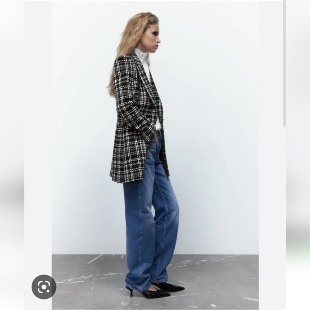 Zara Black and White Tweed Plaid Blazer Coat - Picture 4 of 12
